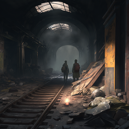 Two people, one younger and the other a bit older in conversation while walking through the wreckage in the dystopian world, in the underground old train station