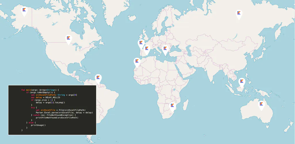 Ilustración de Kotlin y un marcador de mapa para el artículo de geolocalización