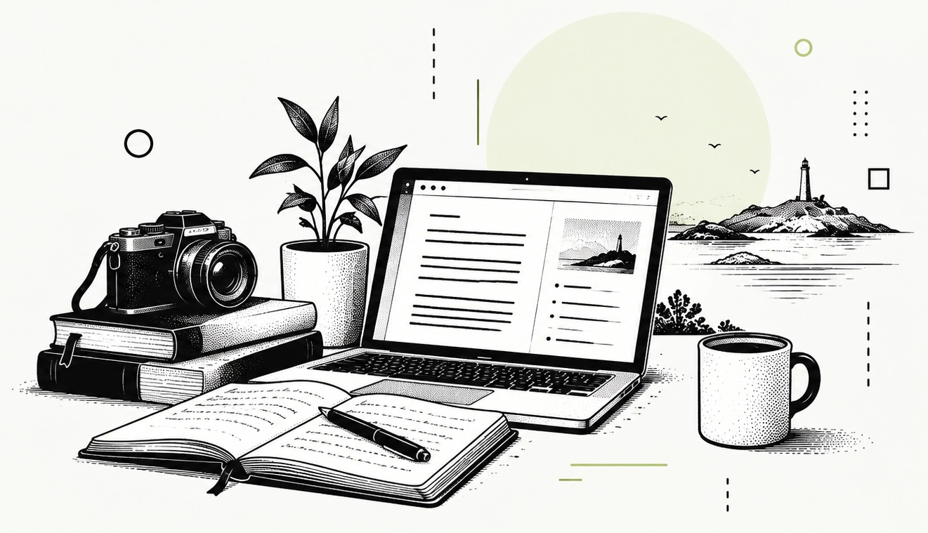 Ilustración de un escritorio con cámara, libros, cuaderno, portátil y una taza frente al mar