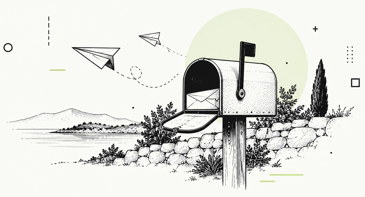 Ilustración de un buzón abierto junto al mar, con una carta y aviones de papel