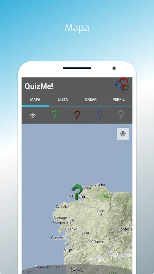 Mapa de QuizMe! con quizzes situados alrededor del usuario