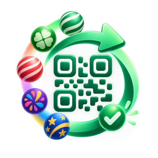 Icono de LotoSimple con un código QR rodeado de bolas de colores y una flecha verde