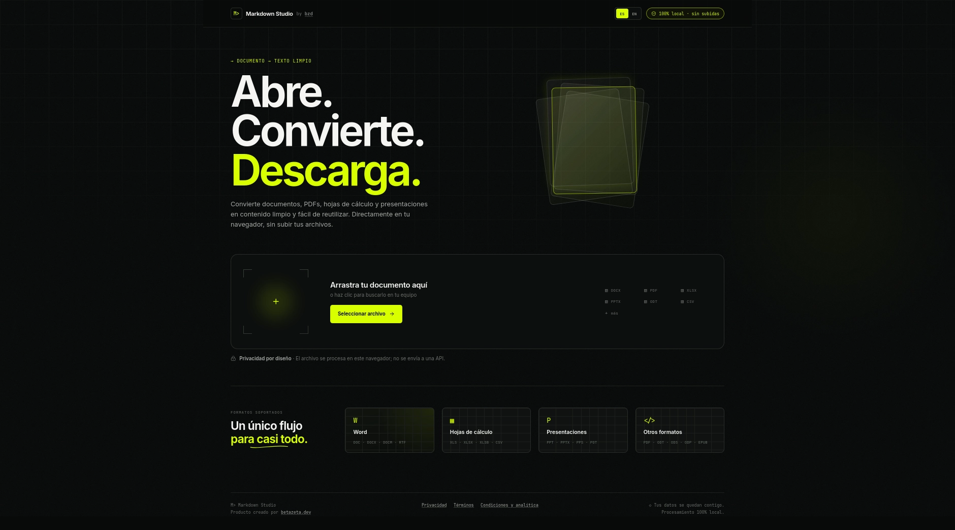 Zona de carga y formatos compatibles de Markdown Studio