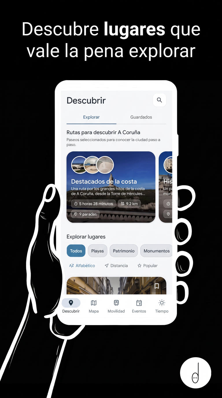 Pantalla para descubrir lugares de interés en Pocket Coruña
