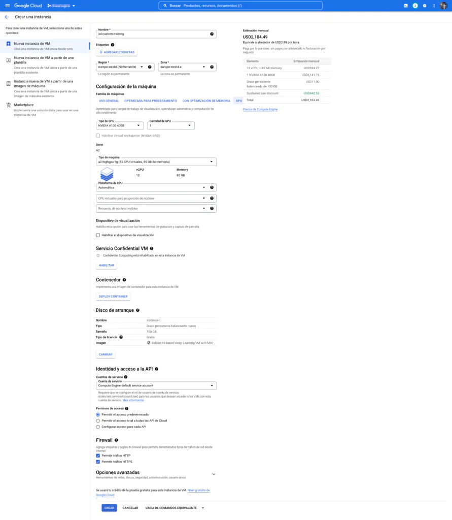 Formulario de creación de instancia en GCP