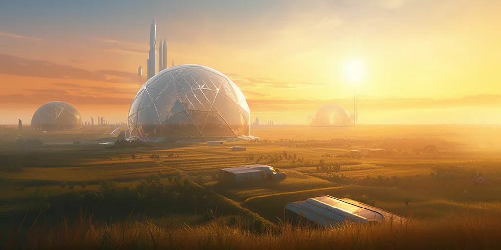 Una sorprendente escena de un campo abierto bañado por el sol, donde los rayos del sol iluminan el paisaje al amanecer y la sutil presencia de una pequeña ciudad futurista envuelta por una imponente cúpula de cristal emerge en el horizonte.