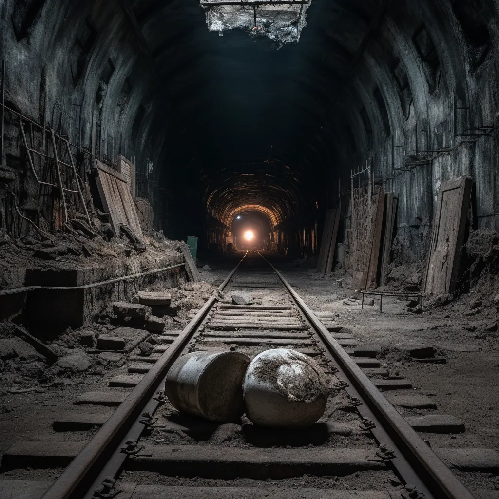 Una imagen inquietante que muestra un pequeño orbe brillante en primer plano, flotando  mientras proporciona una iluminación misteriosa a un túnel de metro antiguo y ruinoso, donde los escombros yacen esparcidos a lo largo de las vías y por todos lados.
