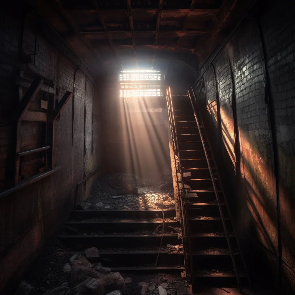 Una imagen inquietante de una antigua red de túneles ferroviarios, en la que destaca una pequeña trampilla de acceso en la parte superior con una escalera metálica de acceso, mientras que los sombríos matices de la luz del sol del amanecer apenas se filtran a través de los cristales rotos del techo, proyectando una atmósfera opresiva.