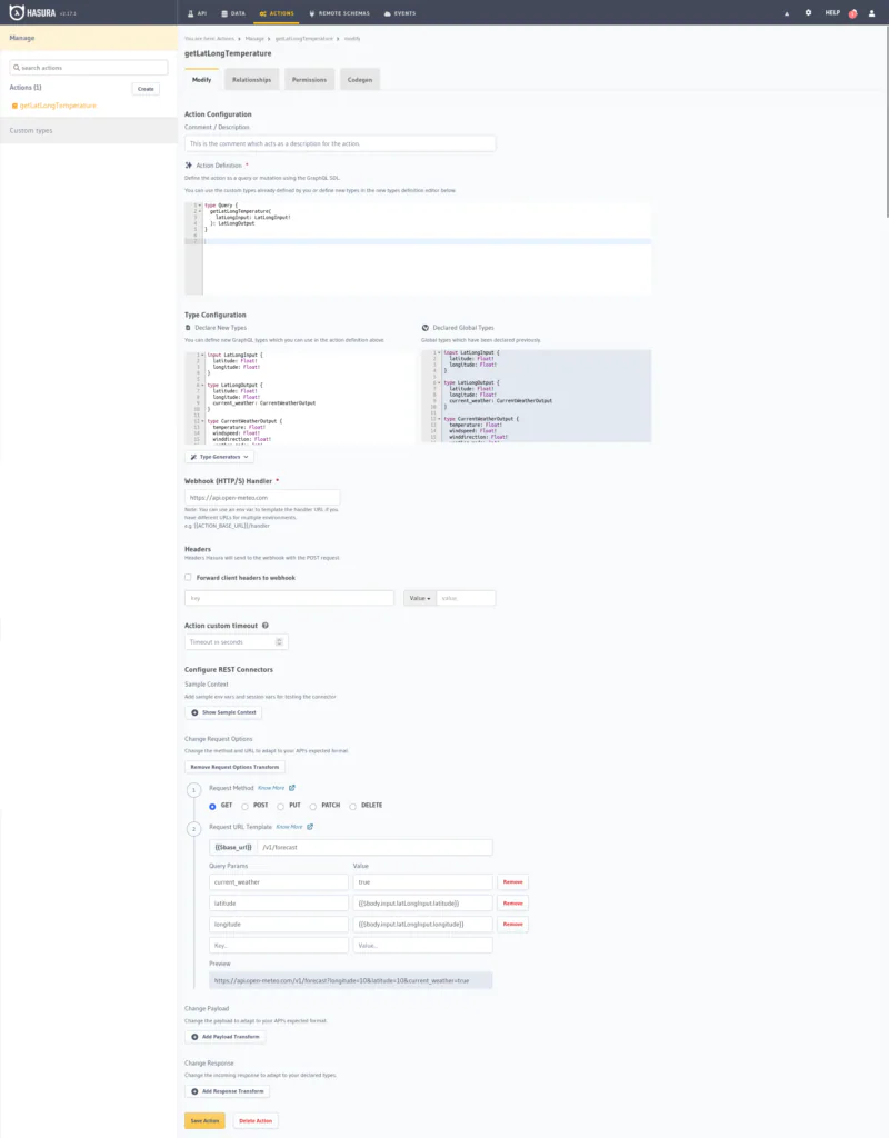 Creación de acciones en el panel de administración de Hasura