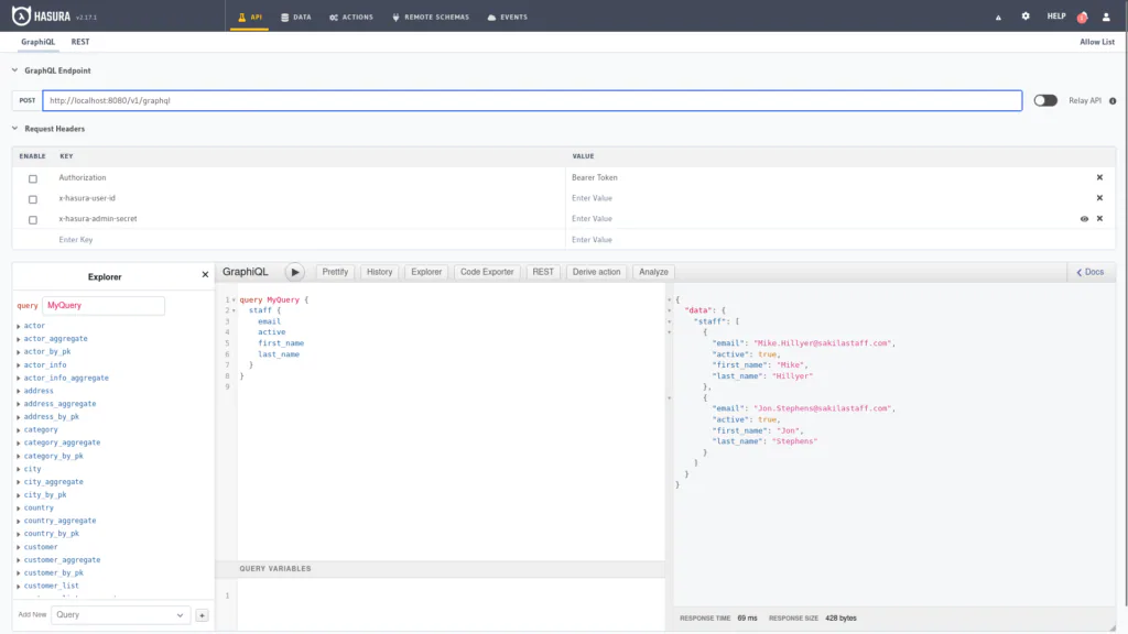 Pantalla API en el panel de administración de Hasura