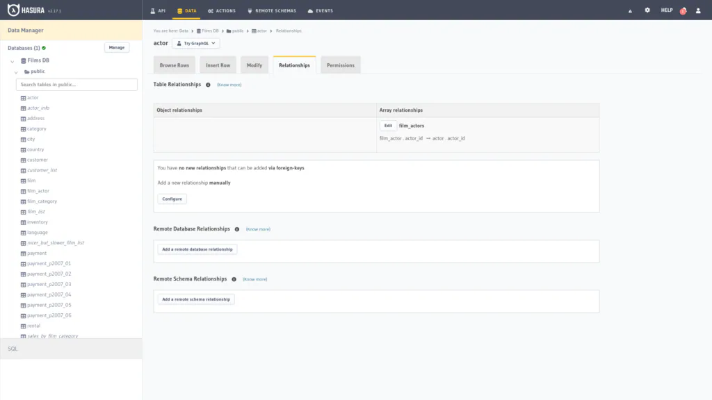 Pantalla de relaciones de datos