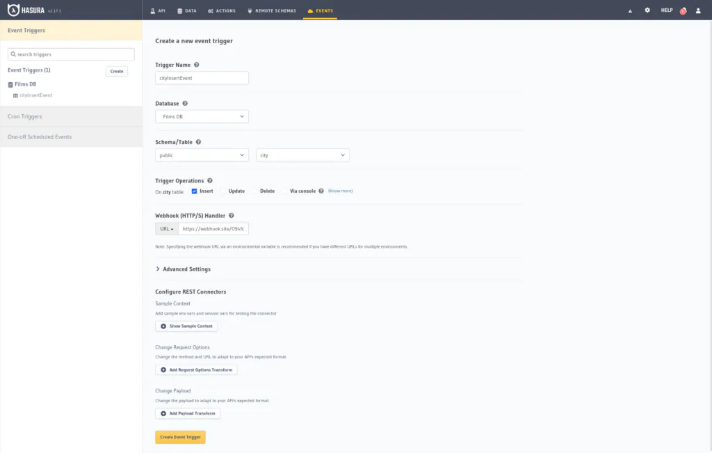 Creación de eventos en el panel de administración de Hasura