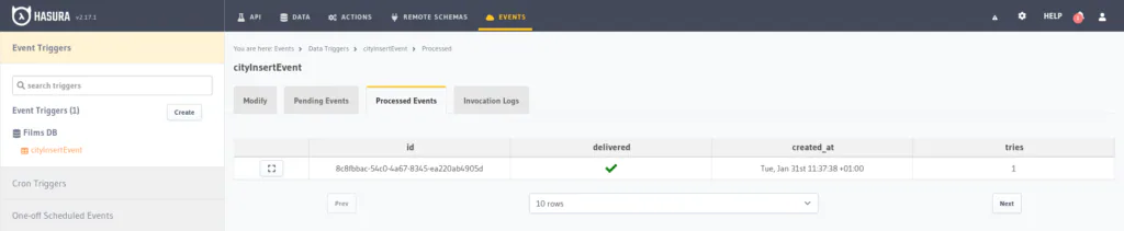 Pestaña de eventos procesados en Hasura