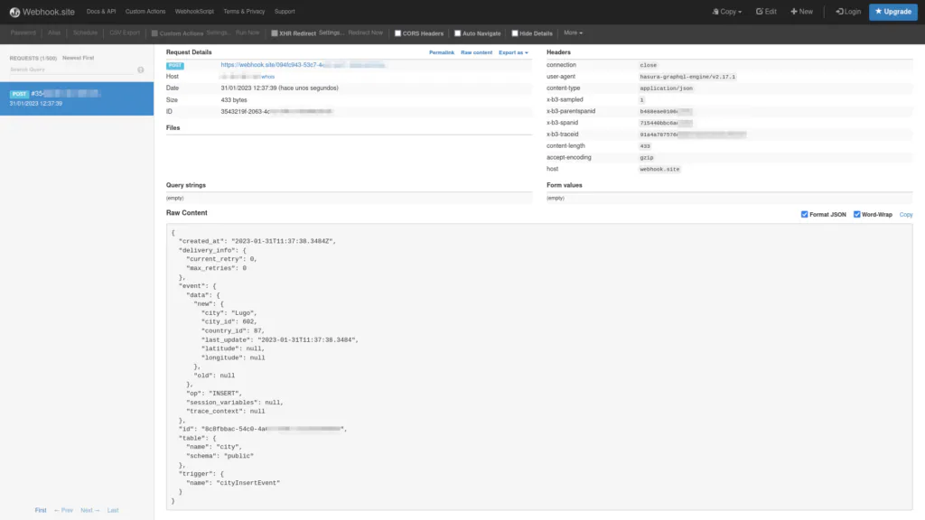 Solicitud recibida desde Hasura en Webhook.site