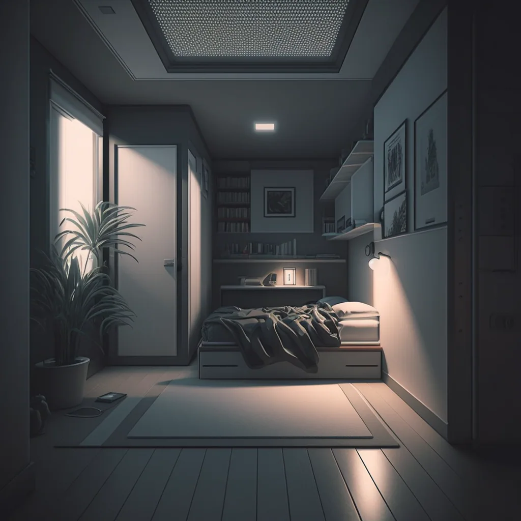 A glimpse of Ada's bedroom in her small, enclosed sanctuary, revealing an impeccably clean space bathed in artificial light that offers solace and tranquility.