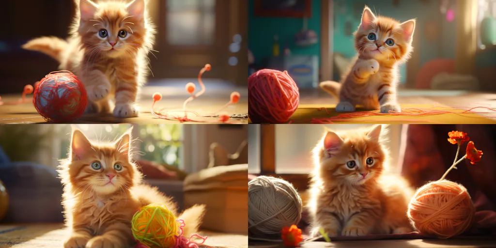 Un esponjoso gatito naranja jugando con un ovillo de colores vivos en una habitación iluminada por el sol. Relación de aspecto 2:1