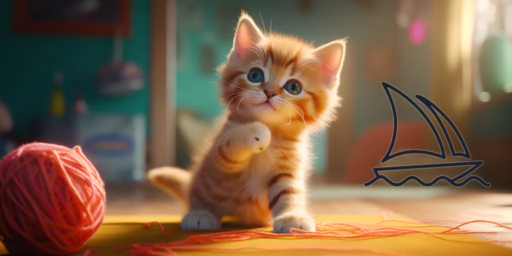 A fluffy orange kitten playing with a brightly colored ball of yarn in a sunlit room