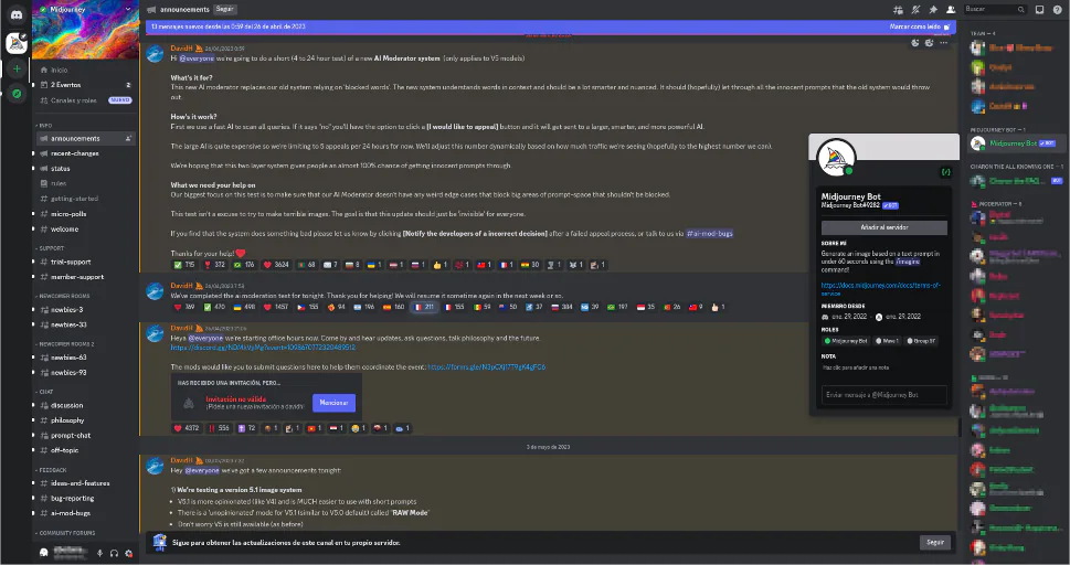 Canal de anuncios de Midjourney en Discord