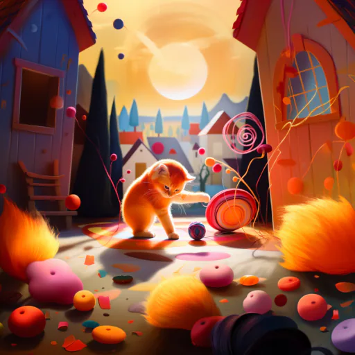 Un esponjoso gatito naranja jugando con un ovillo de colores brillantes en una habitación iluminada por el sol. Primer plano enérgico, colores alegres y vibrantes