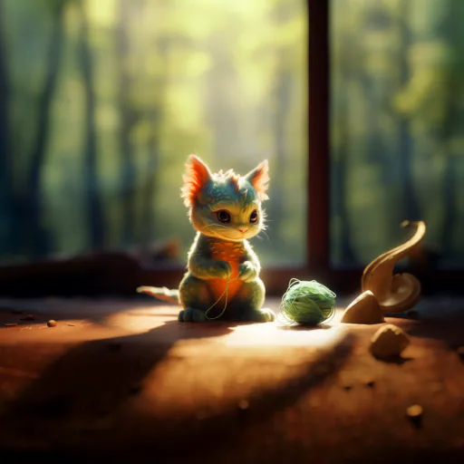 Un esponjoso gatito naranja jugando con un ovillo de colores brillantes en una habitación iluminada por el sol. Como un pequeño y lindo dragón