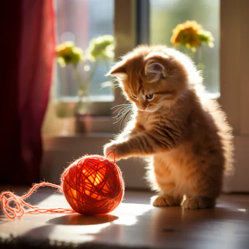 Un esponjoso gatito naranja jugando con un ovillo de colores vivos en una habitación iluminada por el sol