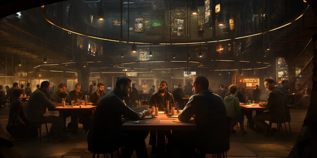 A warmly lit communal dining area in a vast underground setting. People sit around tables, conversing and enjoying a shared meal A juxtaposition of warmth in a high-tech dystopia