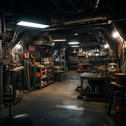 The entrance to a warehouse full of tools and utensils in an old, yet modern and slightly illuminated underground station