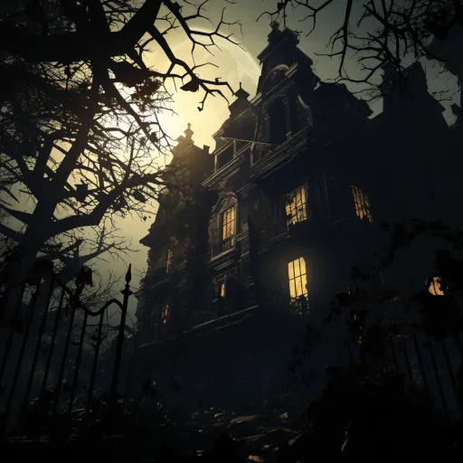 Close shot of a dilapidated mansion, silhouetted against the moon’s pale glow, with twisted trees leaning inwards. Windows shattered, ivy consuming walls, and shadows dancing ominously. Deep dark night