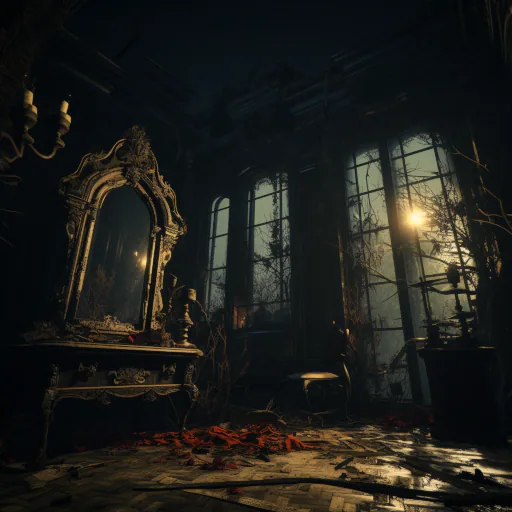The hall of the abandoned haunted mansion, old and decrepit furniture, a mysterious mirror hangs on the wall