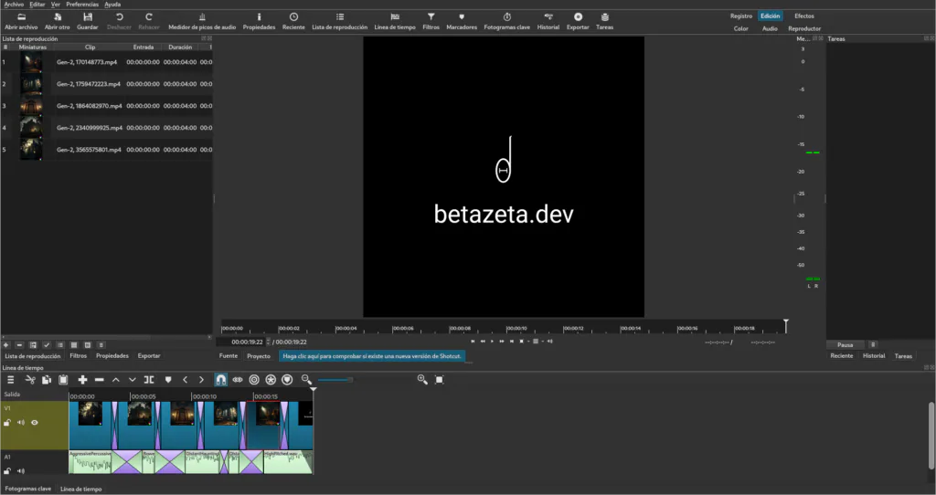 Linea de tiempo del video creado con Shotcut
