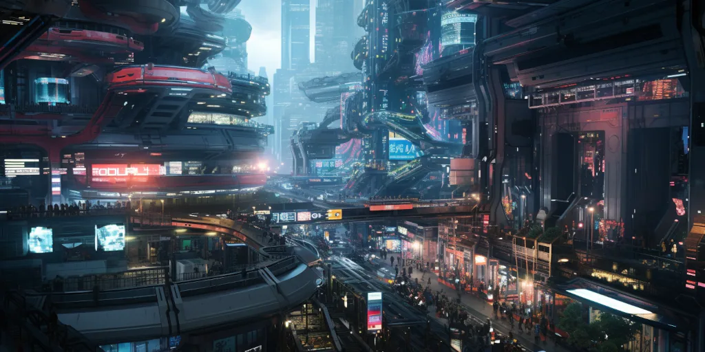 From an overhead vantage point, the city's main thoroughfare reveals its intricate design. Tall buildings on either side showcase an ever-changing display of colorful advertisements. Overhead, flying vehicles add fluidity and dynamism to the top-down city scene
