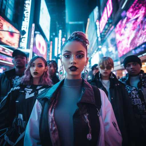 Long shot of a group of women amidst the bustling streets, their faces illuminated by the bright and cold glow of screens displaying the latest fashion and technology trends
