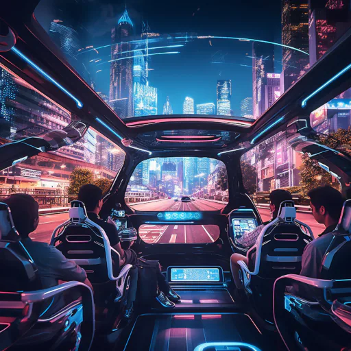 The autonomous vehicle provided a sense of serenity as passengers reclined in comfort, captivated by the mesmerizing spectacle of the neon-lit city passing by outside the front windshield