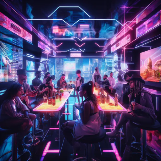 The group of women and men in the bar with neon lights drinking and chatting in the distance