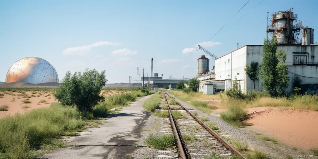 In the foreground an old abandoned industrial building, in the background an almost deserted space with some green vegetation and in the background, in the distance, modern white facilities with ample road access and A closed city protected by a glass dome