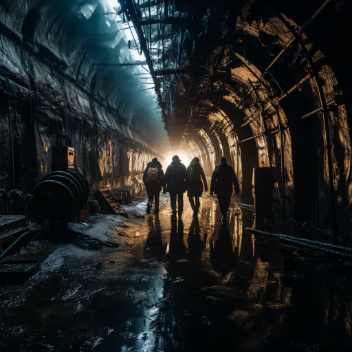 A small group of people walking facing the light, cold and damp underground tunnels, two radiant orbs of light floated alongside them. The tunnels were filled with remnants of machinery, construction materials, and discarded iron scraps, which they carefully navigated to avoid any inadvertent scratches