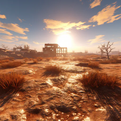 The radiant, almost blinding sun hits a large, almost deserted area