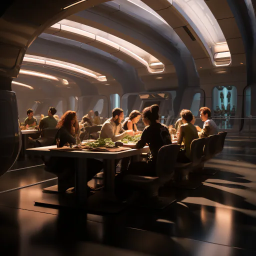 Groups of people enjoying their breakfast at the table in a dining area in a vast and closed underground setting