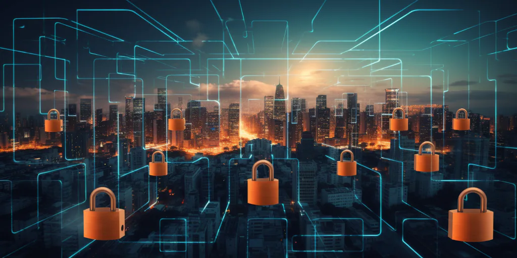 La imagen muestra una ciudad a la vanguardia de la era digital, con estructuras que se asemejan a teléfonos inteligentes y portátiles contra un cielo al amanecer que transita del azul al naranja.