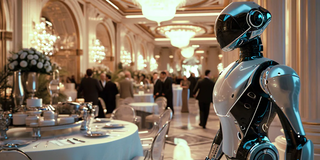 The scene is a blend of future and opulence: a spacious, high-tech ballroom hosts a mesmerizing robotic performance. Guests in refined attire engage in lively discussions, enjoying an array of exquisite culinary delights, embodying the pinnacle of societal grandeur