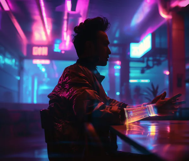 Un individuo con un atuendo futurista está sentado en una mesa con luces de neón que iluminan la escena con tonos rosas y azules. El ambiente evoca una estética cyberpunk. En su antebrazo aparece una pantalla holográfica que parece estar notificando al portador mediante luces llamativas naranjas y azules.