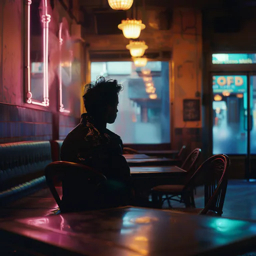  La misma persona se muestra sentada de espaldas en una cafetería vacía y mal iluminada, con el reflejo de luces de neón proyectándose débilmente en el interior. Las sillas vacías y la quietud del lugar sugieren un ambiente solitario, quizá separado
