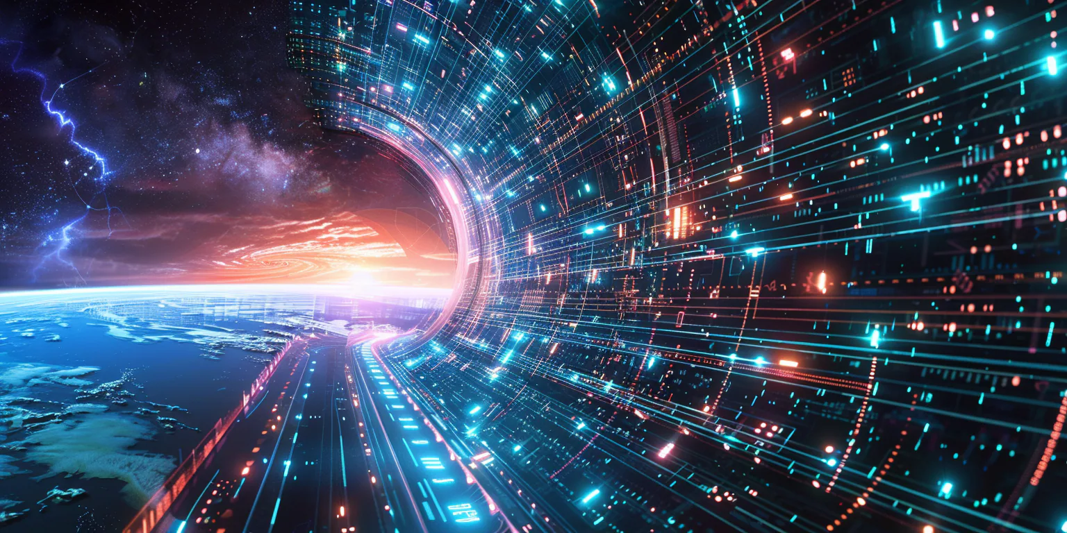 La imagen muestra una vista panorámica de un túnel cósmico digital, rebosante de corrientes de luz que representan el flujo de datos contra el telón de fondo de un cielo estrellado y una galaxia lejana. Se aprecia la curvatura de la Tierra en la base, emitiendo un suave resplandor azul, mientras el túnel de información se sumerge en un horizonte cálido y radiante, sugiriendo la intersección de la tecnología y el espacio exterior.