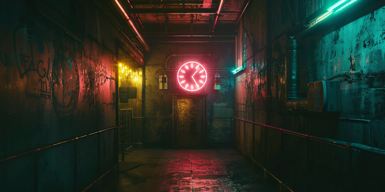 Un reloj con luz de neón resalta de manera vibrante contra la pared metálica desgastada de un corredor sin ventanas, proyectando un reflejo luminoso sobre el suelo embaldosado y húmedo. Grafitis, testigos del bullicioso ritmo urbano de otro tiempo, adornan las paredes, añadiendo un toque de color a la escena monocromática. El corredor, marcado por su decadencia industrial, cuenta con tuberías expuestas y luces parpadeantes que contribuyen a la atmósfera sórdida. Dos luces parecidas a farolillos cuelgan junto a una puerta antigua y oxidada, proporcionando una tenue iluminación dorada que hace contraste con el resplandor del neón. Este escenario, que recuerda a un cuadro cyberpunk, captura un instante en el tiempo dentro de las entrañas olvidadas de una urbe.