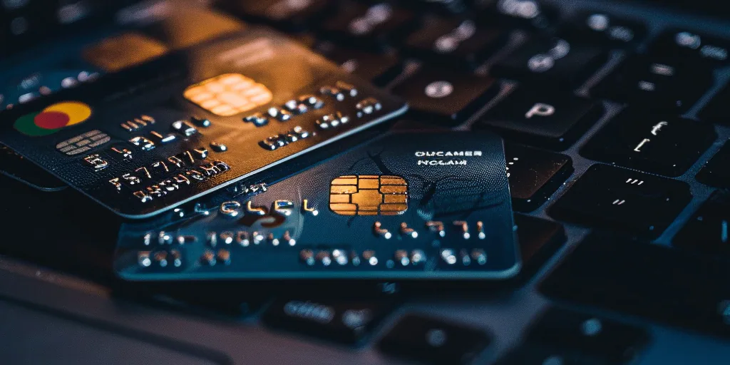 Tarjetas de crédito sobre un teclado de computadora, simbolizando el robo de datos financieros.