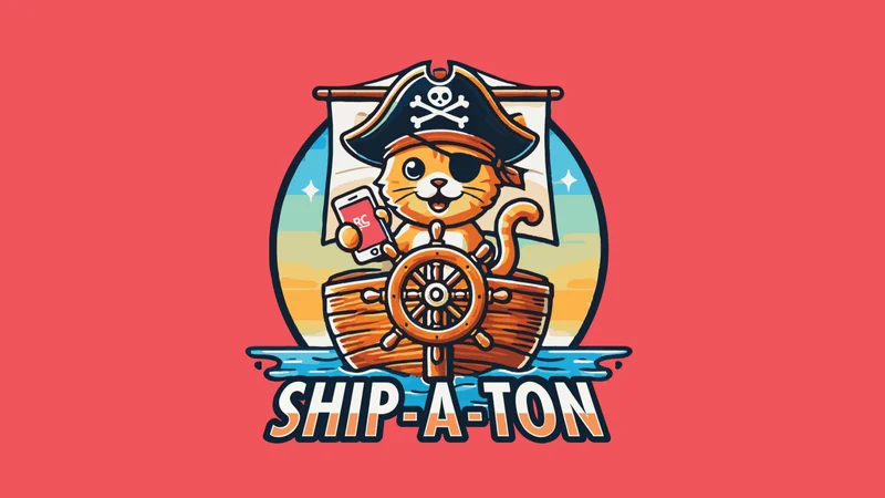 Ilustración colorida de un gato pirata con un parche en el ojo, vestido con un sombrero de capitán con una calavera y huesos cruzados. El gato está al timón de un barco, con velas desplegadas y un fondo de atardecer sobre el mar. En una de sus patas sostiene un teléfono con el logotipo de RevenueCat. Debajo, el texto ‘SHIP-A-TON’ aparece en letras grandes y estilizadas. El fondo es de color rojo sólido, destacando la ilustración central.