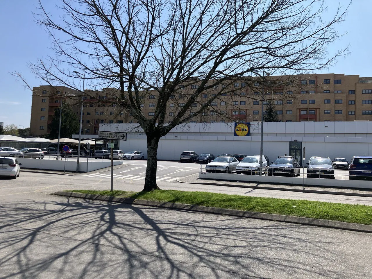 Imagen diurna en Vila Nova de Gaia que muestra un árbol sin hojas en primer plano, cuya sombra se proyecta sobre la carretera; detrás, un aparcamiento con varios coches estacionados frente a la fachada blanca de un supermercado Lidl —se ve el logo amarillo y azul— y un cartel que indica “Centro de Inspeção ITV”; al fondo, un edificio residencial de varios pisos bajo un cielo despejado.