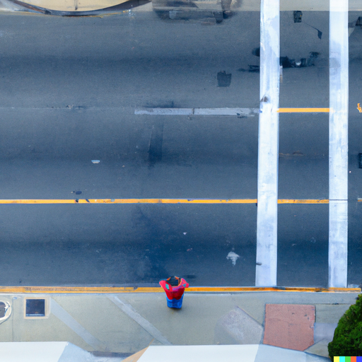A person praying in the middle of the street in a city with empty streets as seen from above.