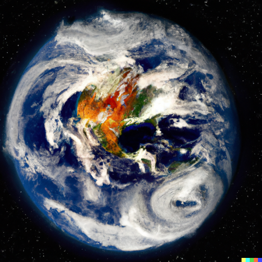 Planet Earth with many hurricanes and fires as seen from Space