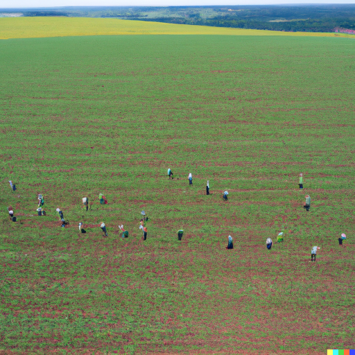 People in the same cheap clothes working in a large field and their employers watching them seen from the air.